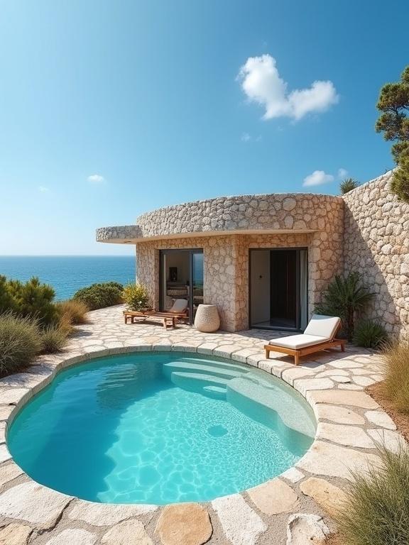 Small stone house on a hillside by a sandy beach. Painted in white and blue with a blue pool. Near white sandy desert and trees.