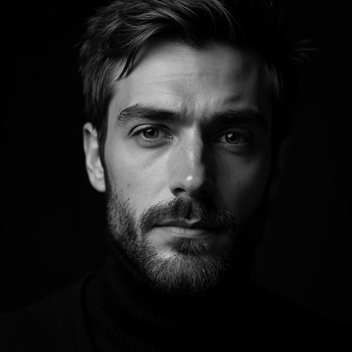 Close-up portrait of a man's face in black and white. Proud expression with dark shadowed background. Face in sharp focus and realistic details. 4:3 aspect ratio.