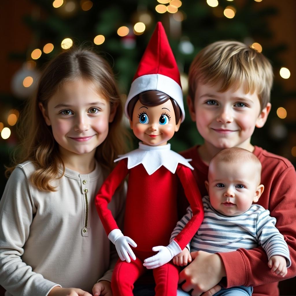 Three children pose with an elf on the shelf. Christmas scenery in the background. Warm and inviting atmosphere. Elf is red and white. Children appear joyful and festive.