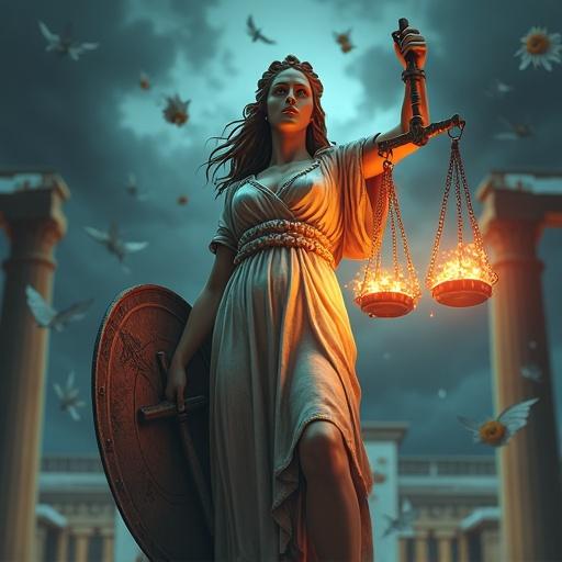 Illustration of Lady Justice without blindfold. She has long hair, cracked shield, fierce expression. Right hand raised gavel as a weapon. Left hand holds scales with TikTok logo and Civil Code book. Tattered robe. Dark background with stormy sky, broken columns, flying papers showing legal articles and memes. Mood of fallen dignity and rising wrath. Art style is cinematic with rich shadows and glowing edges.