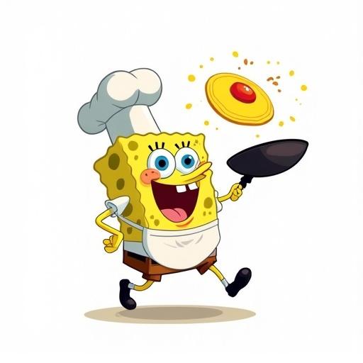 Medium-shot illustration of SpongeBob enthusiastically tossing a Spanish potato omelet. SpongeBob wears a white apron and chef's hat, holds a frying pan, and has a joyful expression. The background is pure white with a dynamic feel.