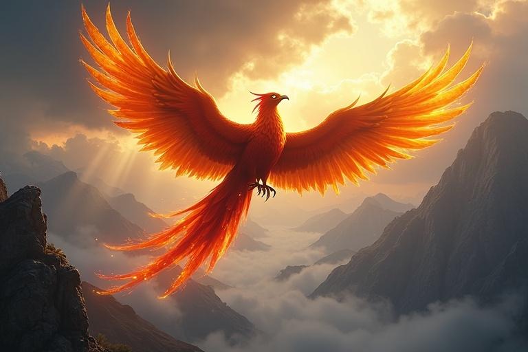 Digital painting of a phoenix flying over a mountain range. The phoenix has fiery plumage in crimson, gold, and amber. Each feather glows with magic. Bright eyes show intelligence. Beak and talons are golden. A long tail is flaming. Glowing runes decorate wings and body. The sky is stormy with beams of sunlight breaking through clouds. Highly detailed image in 4K resolution.