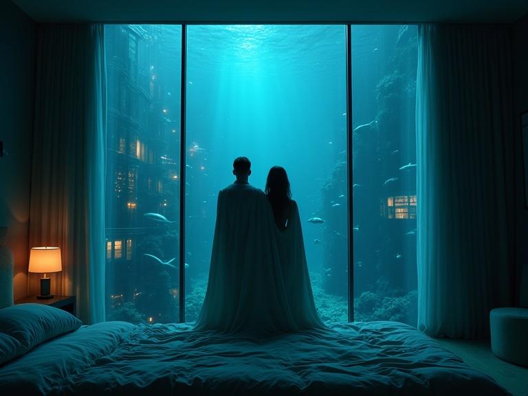 A couple stands together wrapped in a sheet from the hips. They are in the bedroom of an underwater hotel with a large bay window revealing an underwater city view filled with fish. The atmosphere is dark with great depth. The scene is reminiscent of a neon futuristic cybercity, similar to Blade Runner.