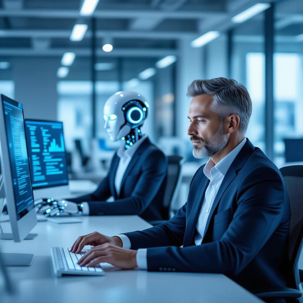 A mid-aged male corporate worker sits at a desk in a modern office. He types on a keyboard with a blank expression. Behind him is a humanoid AI robot in a suit with glowing eyes. The robot performs the same task efficiently with multiple screens and robotic arms. The man's figure subtly fades, symbolizing potential obsolescence. The atmosphere is cold and impersonal with a bluish-gray color scheme. Dramatic lighting and shallow depth of field create focus on the human and robot contrast.