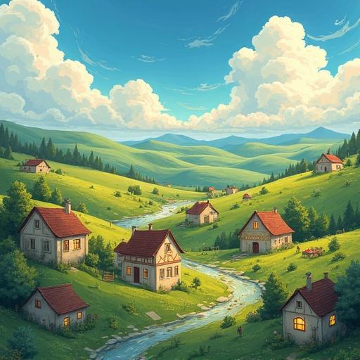 A whimsical countryside village scene with charming village houses nestled among rolling hills and gentle streams. The sky is filled with swirling clouds. Cozy village life elements like distant figures and garden patches are visible in the landscape. The scene has a fantastical quality and evokes a cozy, peaceful ambiance. Combines Impressionist brushwork with Ghibli aesthetic. Rendered as an oil-textured digital painting with vivid colors and expressive brushstrokes. Soft, diffused lighting enhances the dreamlike quality.