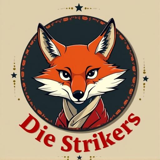 Logo design featuring an anthropomorphic fox. Artwork with a cartoon style. The fox has a confident expression. The text below the fox reads Die Strikers. The overall feel connects to vintage logo aesthetics.