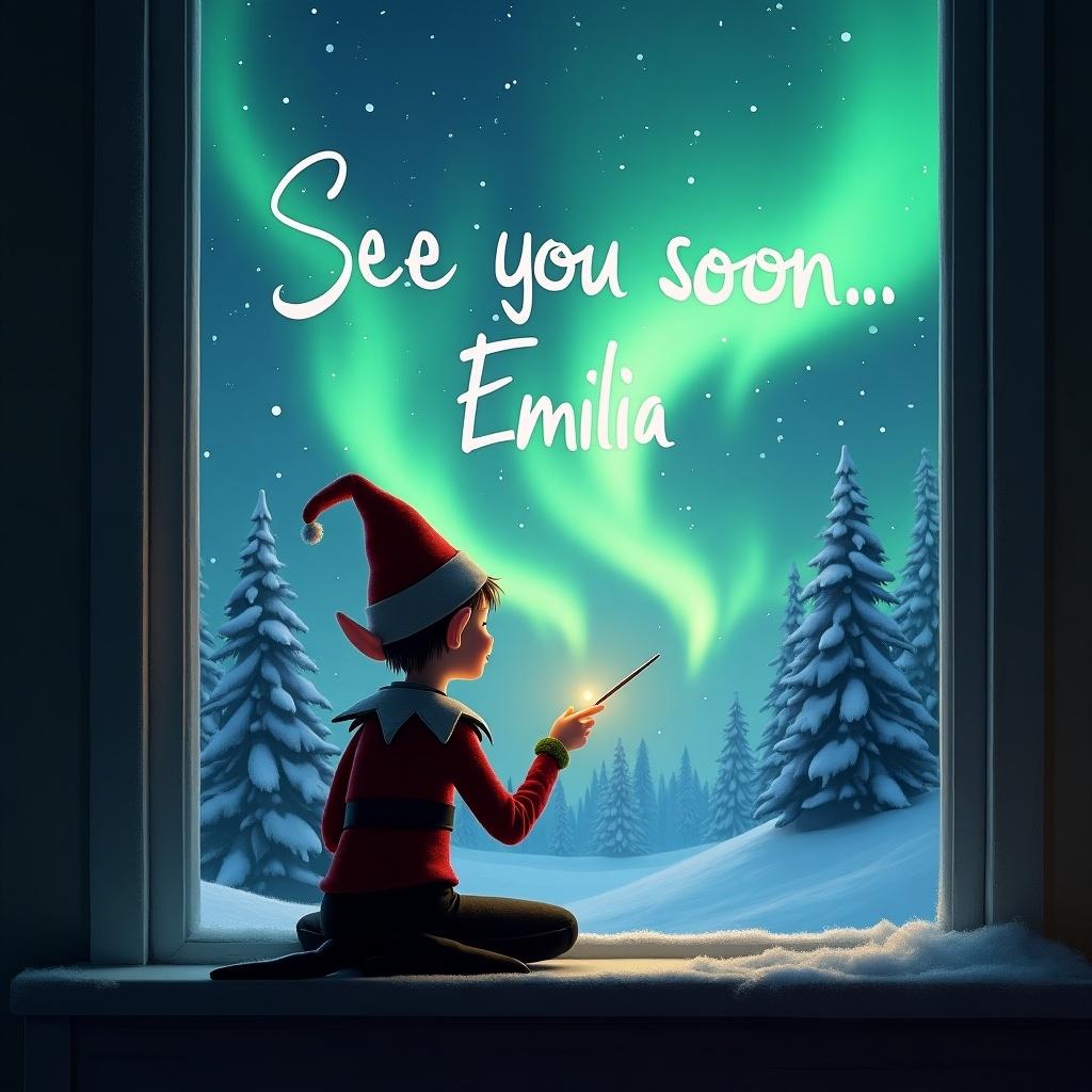 The image features a whimsical scene of an elf on the shelf. The elf is sitting by a window, facing away from the viewer, bringing a sense of intimacy to the moment. He is using a magical wand to write 'See you soon, Emilia' in the night sky. Outside the window, the Northern Lights glow vividly, creating a magical atmosphere. The landscape is adorned with snow-covered trees, enhancing the winter wonderland theme. This enchanting scene captures the spirit of the holiday season and the magic of childhood imagination.