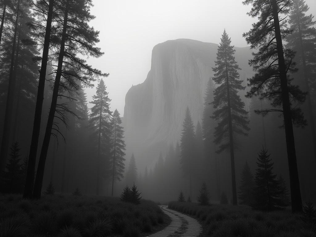 A dense and shadowy forest is enveloped in a thick, mysterious fog. Tall, slender trees stretch upwards towards a grand cliff towering above. The scene is captured in haunting black and white, underscoring the tranquility and eeriness of this environment. A winding pathway leads the viewer deeper into this tranquil yet mysterious setting. The overall ambiance evokes a sense of calm and contemplation amid the shadows.