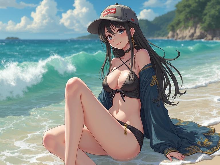 A beautiful and attractive woman in a swimsuit on the beach. She is holding sandals in her hand. The ocean waves are visible in the background.