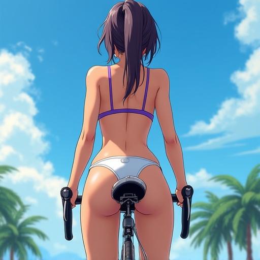 Rearview perspective of an anime girl in a bikini riding a race bicycle. Emphasis on athleticism and leisure.