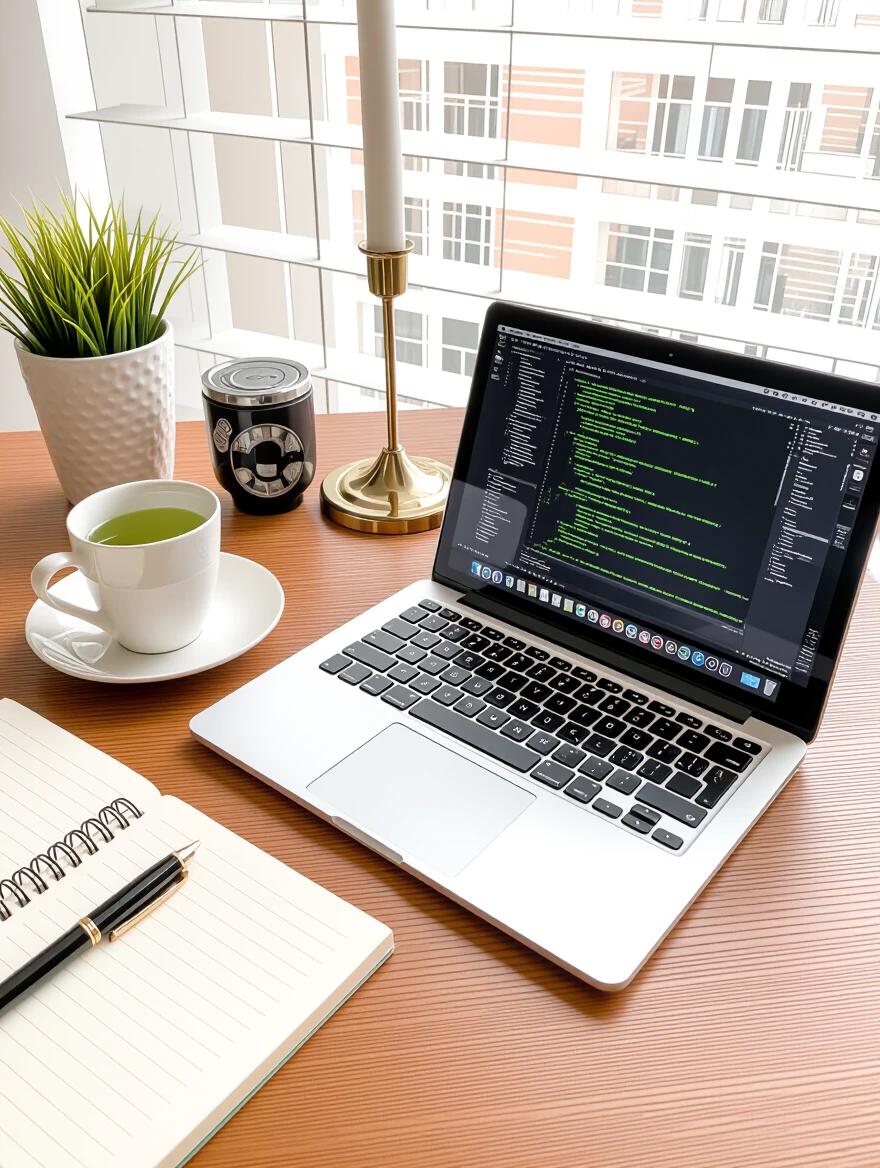 An image of an office desk with a laptop and a cup of green tea. The desk is made of wood and has a plant. The laptop screen displays coding text. A notebook and a pen are on the side. Fresh green tea in a white cup on a saucer is placed next to the laptop.