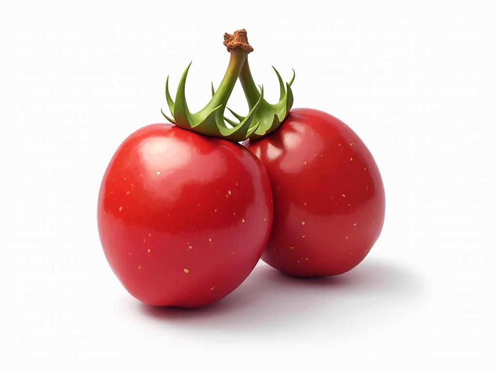 This image portrays two bright red tomatoes with lush green stems and leaves, set against a stark white background. The tomatoes are perfectly round, with a glossy texture that highlights their freshness and appeal. The simplicity and clarity of the composition bring attention to the natural beauty of the tomatoes.