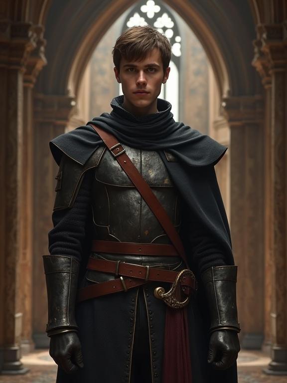 Front portrait of a soldier in dark fantasy setting. Features short brown hair, tall stature, wearing dark armor with a high collar. The background is an interior with less grandeur.