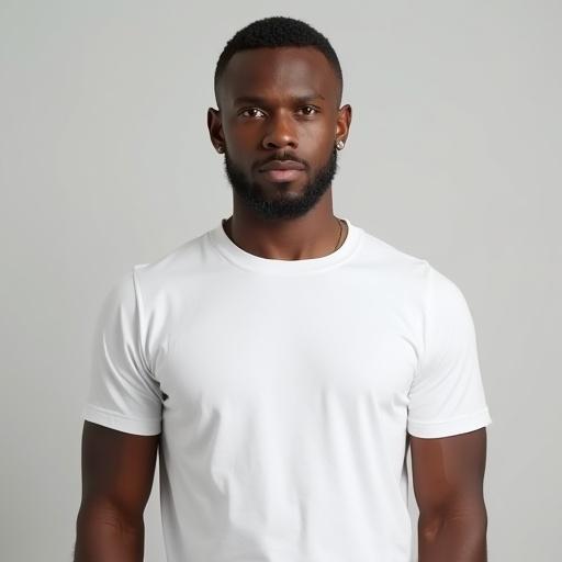Photorealistic portrait of a male wearing a plain T-shirt taken from a full frontal view. Shot features a neutral expression. Background is simple and non-distracting. High resolution emphasizes sharp details and natural skin texture.
