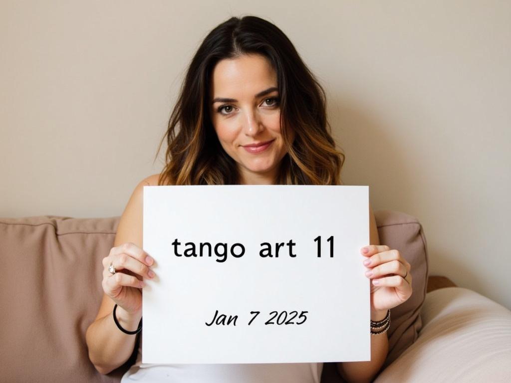 The image shows a woman holding a sign that says 'tango art 11'. Underneath this text, the date 'Jan 7, 2025' is added to the sign. She has long, flowing hair and is wearing a bracelet on her wrist. The background appears to be a simple, softly colored wall, creating a calm atmosphere. The woman is posed comfortably, giving a relaxed vibe to the image.