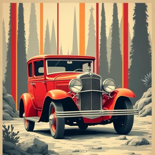 Artwork showcases vintage 1928 Cadillac V-8 Town Sedan at forefront on rocky surface. Car in bright red color against abstract background of stylized muted gray trees. Background features bold red and orange vertical lines. Soft focused lighting creates nostalgic playful atmosphere. Graphic illustration techniques reflect modern retro aesthetic. Composition accentuates vehicle's design, artistic layering adds depth.