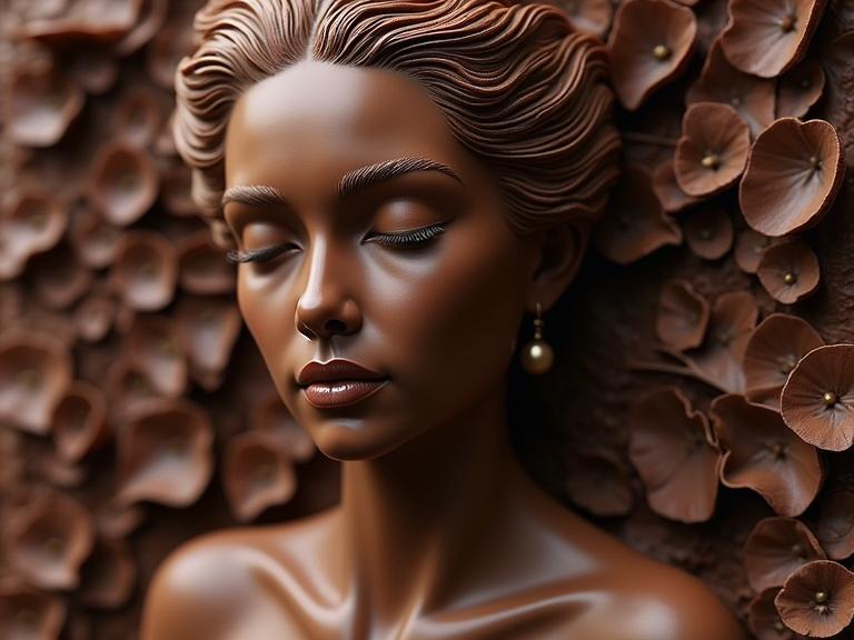 Image shows intricate chocolate sculpture of a nude woman. Highly detailed confectionery creation showcases potential of chocolate as a medium for complex art.