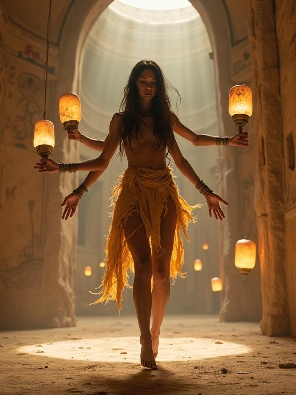 A mysterious tribal girl with four arms dances in zero gravity inside a temple. Floating lanterns orbit her body, illuminating ancient murals on the walls. Her expression is serene with a contrasting dancing shadow.