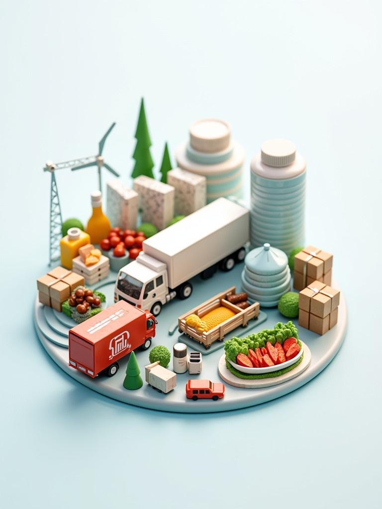 Miniature elements representing various industries arranged on a circular plate. Includes a truck, small food items, boxes, and industrial components. Soft pastel colors create a visually appealing scene.