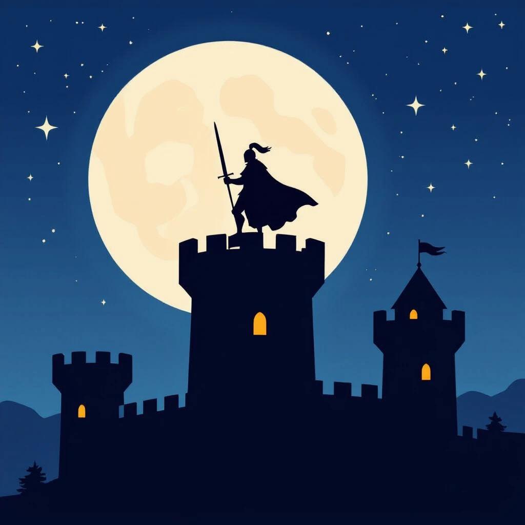 A minimalist style image features a knight on top of castle walls. The scene is set at night with a large moon and twinkling stars in the sky.