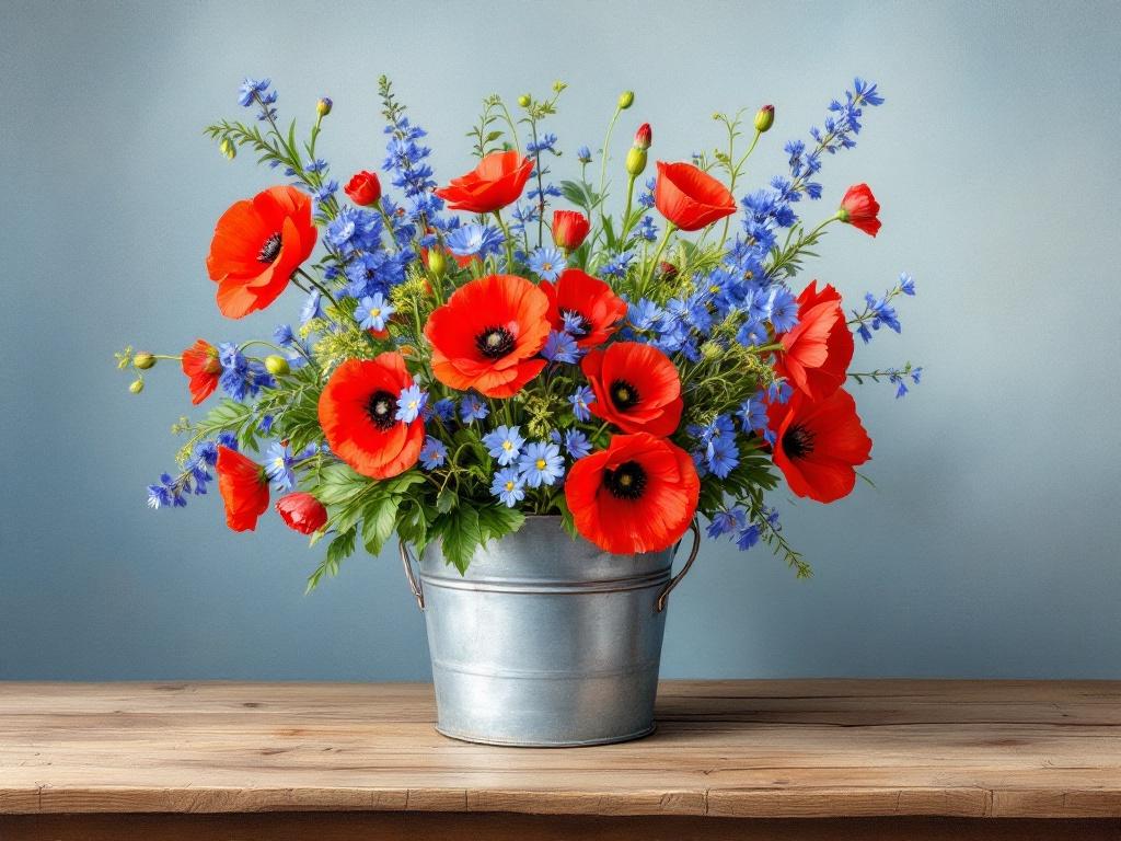 On a wooden table a zinc bucket filled with wildflowers. The bouquet includes red poppies and blue cornflowers. The composition evokes natural beauty and simplicity. Cheerful atmosphere from the flowers' colors. Art style inspired by Patrick Creyghton.