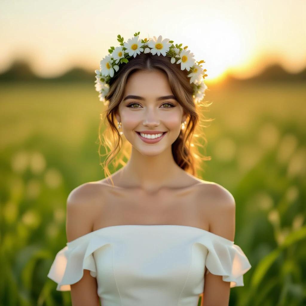A young woman in a white dress stands in a lush green field during sunset. She wears a crown made of small white flowers. Her smile is warm and bright, blending harmoniously with the natural surroundings. The scene evokes a tranquil and beautiful ambiance with soft lighting.