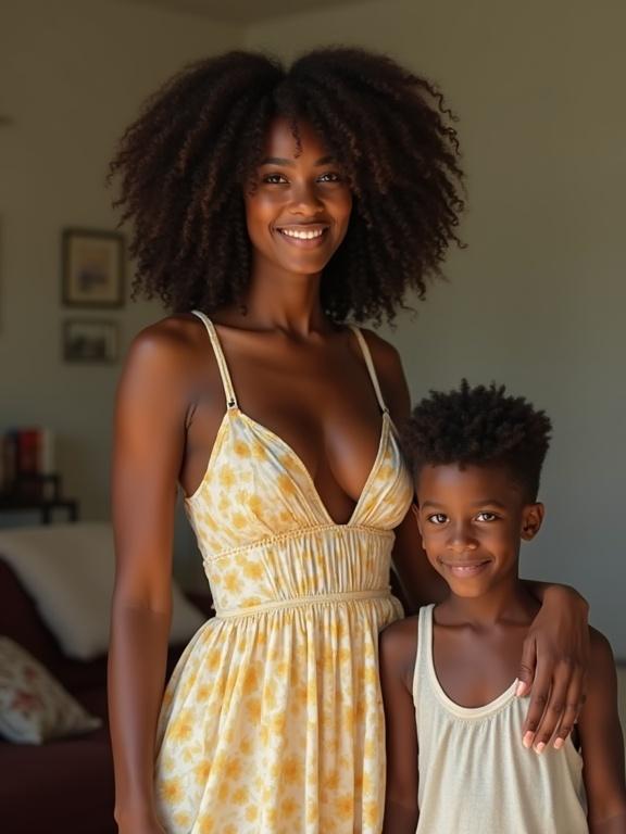 Portrait of a woman and child in a living room. Woman wears a sundress with floral patterns. Child stands beside her. Both smiling. Bright colors and casual atmosphere.