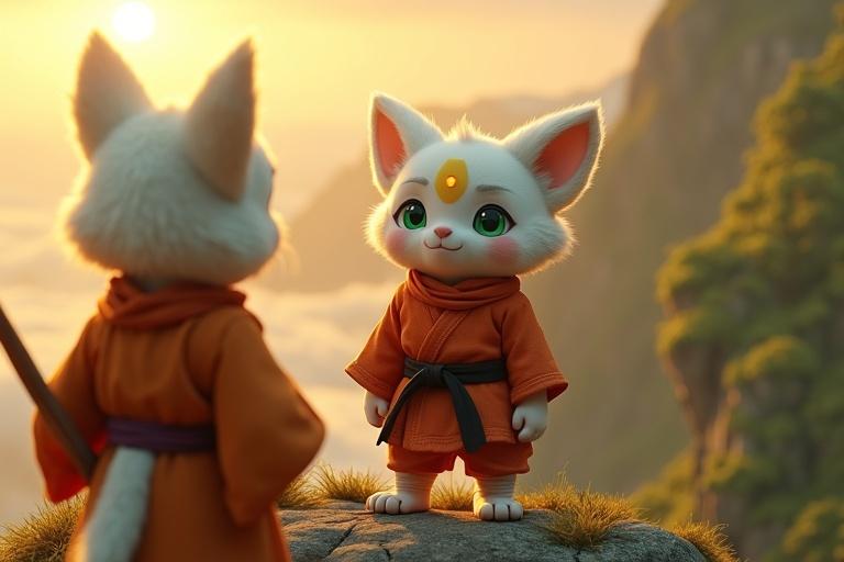 Ultra-HD 4K cinematic scene on a mountain peak at sunrise. Golden light illuminates lush green cliffs. Kittuu with white fur stands confidently in light red karate gi. Black belt and golden forehead mark glowing. Bandaged feet steady. Fluffy scarf flutters. Mahaguru in orange-white robes nods with a carved staff. Vibrant scene with golds greens reds. Hyper-detailed textures capture fur gi misty air.