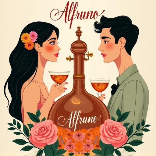 Stylized illustration of a man and a woman in profile each holding a cocktail glass filled with amber liquid. The woman has long black hair with colorful flowers and light skin. The man has short dark hair and light skin. An ornate lower apothecary-style bottle labeled 'Alfruno' is between them with a copper distillation apparatus in the background. Roses and green foliage surround the bottle. Above is curved text reading 'Genuss aus dem Garten der Natur - wild und besonders' in decorative font. Warm tones of orange, pink, and green create a harmonious composition.