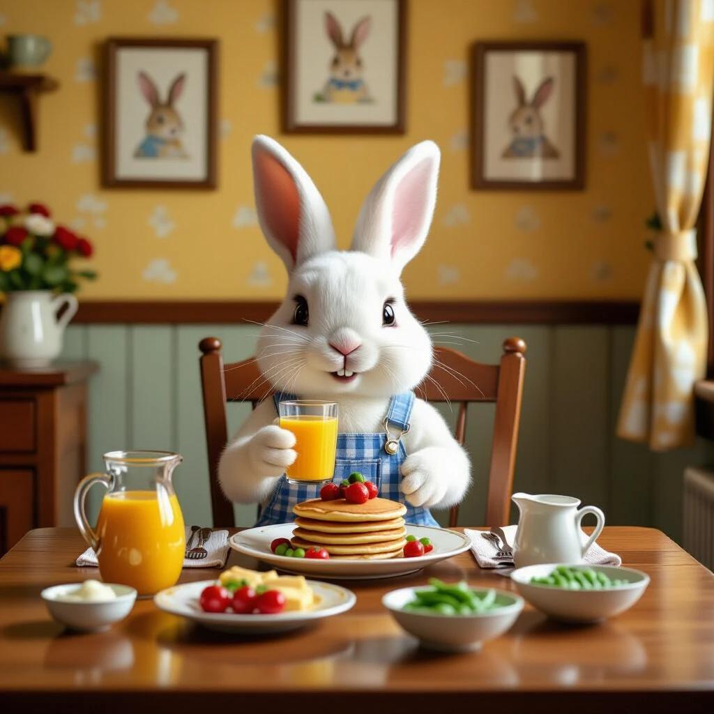 A white rabbit sits at a wooden dining table. Rabbit holds a glass of juice. Rabbit wears blue checkered overalls. The table displays pancakes with grapes and tomatoes. Additional peas and green beans on the table. A jug of juice on the side. Cozy rustic dining room background. Yellow wallpaper with bunny portraits.