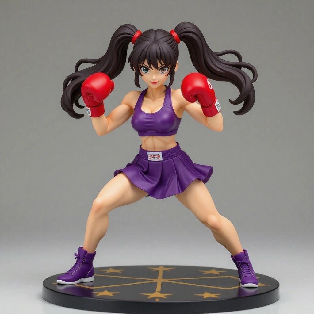 Female resin figure inspired by Hitmonchan. Sensual young woman with a toned, muscled body. Confident expression, normal-sized eyes, delicate nose, soft lips. Wears red boxing gloves, tight purple top, short purple skirt. Attack pose, arm extended. Long hair in three ponytails like Hitmonchan. Smooth base like a ring floor with embossed details.