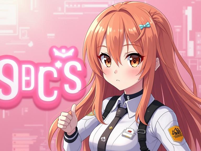 Anime character positioned to the side. Background is pink with tech elements. Character has long light orange hair. Dressed in a cute mix of school uniform and combat suit. Big 3D letters spelling 'SPECS' in the center.