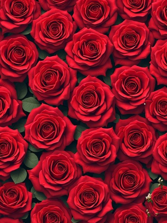 Seamless vector pattern of fully bloomed red roses viewed from above. Tightly packed with no gaps. Clean and elegant style. Repeatable pattern in horizontal and vertical directions. No green leaves, only detailed red petals. Suitable for backgrounds and wallpapers.