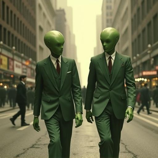 Grainy old photograph depicting two Martian green men in gangster suits walking down a Chicago street in the 1930s.
