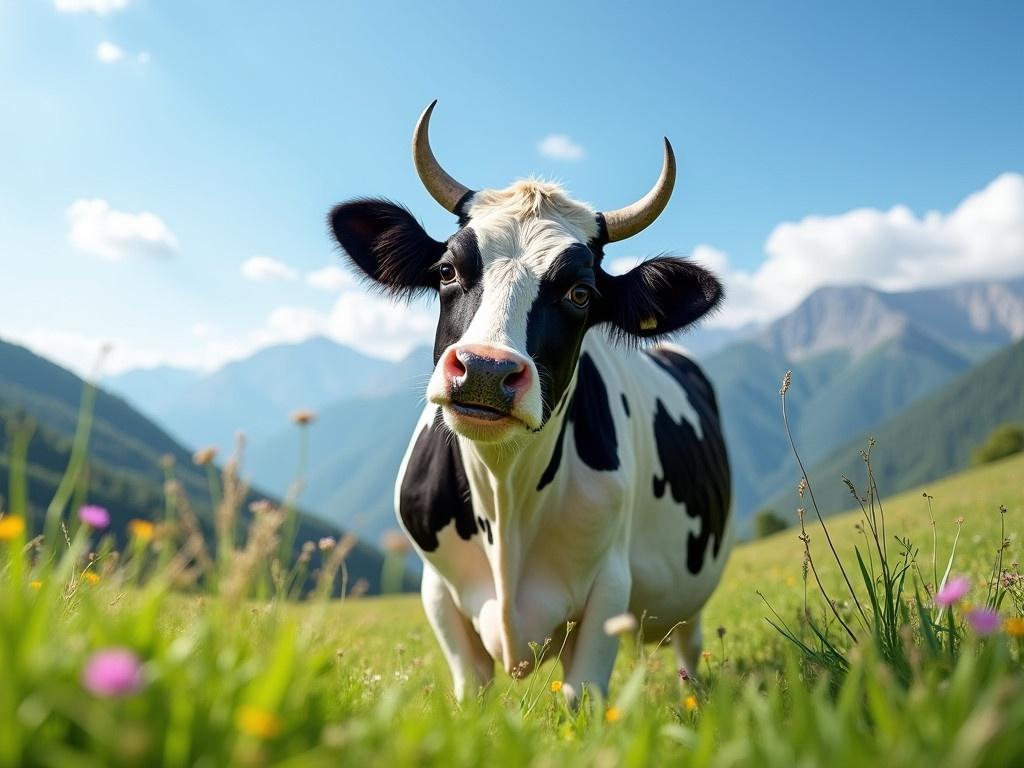 A funny cow peeks curiously into the frame with a playful expression. Its black and white patches contrast against the bright blue sky. In the background, lush green grass sways gently, scattered with a few wildflowers. The mountains rise softly in the distance, adding a scenic touch. The cow seems to be enjoying a sunny day, showcasing its humorous side.