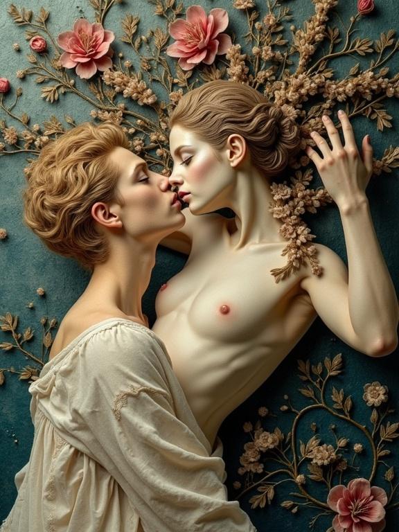 Creative 3D artwork blending ballet and intimacy. Depiction of two figures in a kiss surrounded by intricate floral patterns. Inspired by various classical artists, featuring nude male and graceful elements.