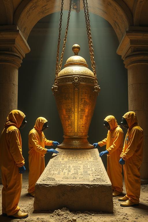Massive golden sarcophagus suspended by ancient chains in an underground chamber. Intricately decorated with carvings in ancient Egyptian style. Large stone slab with cryptic symbols on a weathered pedestal. Figures in yellow protective suits examine the sarcophagus and slab with advanced devices.