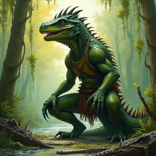 High-Fantasy illustration of a towering Sauroid Draconis lizardfolk with moss-green and charcoal scales. Amber slit pupils and serrated teeth. Coiled prehensile armored tail with retractable claws. Dressed in bone trophies and leather pouches. In a marsh setting with cypress roots and hanging moss, a crocodilian carcass nearby, and shiny weapons scattered on flagstone. Features include webbed hands, nictitating membranes, and a flared frilled crest. Soft dawn light with a painterly texture.