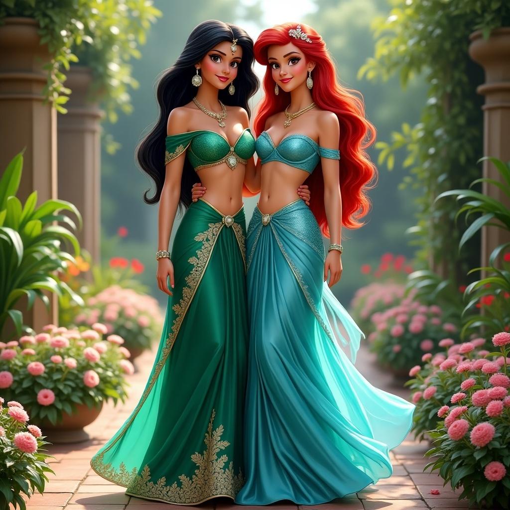 Princess Jasmine and Princess Ariel dressed in beautiful sarees, standing in a lush garden filled with flowers. Both characters display elegance and charm.