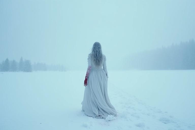 Hyper-realistic image of a witch in a snowy landscape. Cold blue filter enhances the scene. Camera captures her left side from behind. White frock flows in the wind. Her left leg is pale and bare against the snow. Elegantly long fingers with sharp nails dripping blood. Snow blows sideways, creating motion. Empty landscape evokes solitude. Mood is cold and eerie.