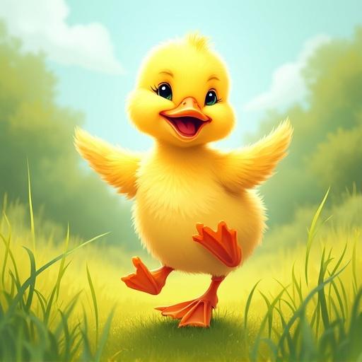 Vibrant joyful illustration in children's book style showing a fluffy yellow duckling dancing. Duckling has bright eyes and cheerful expression. Soft sunny yellow feathers; bright orange beak and webbed feet. Depicted mid-pirouette with one leg extended and tiny wings outstretched. Background features lush green meadow with textured grass and soft diffused sunlight. Overall cheerful color palette with emphasis on duckling. Classic children's book illustration style with smooth lines and painterly texture. Perspective slightly low to emphasize duckling's size and charm. Composition focuses on duckling's energy. Mood is pure delight.