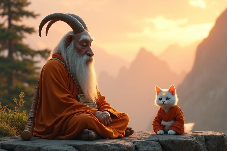 Ultra HD 4K cinematic scene at sunrise on a mountain ledge. Elderly goat with white beard in orange-white robes sits cross-legged. Kitten with large emerald eyes in light red gi sits opposite. Misty peaks in the background. Golden sunlight and lush green pines surround the scene.