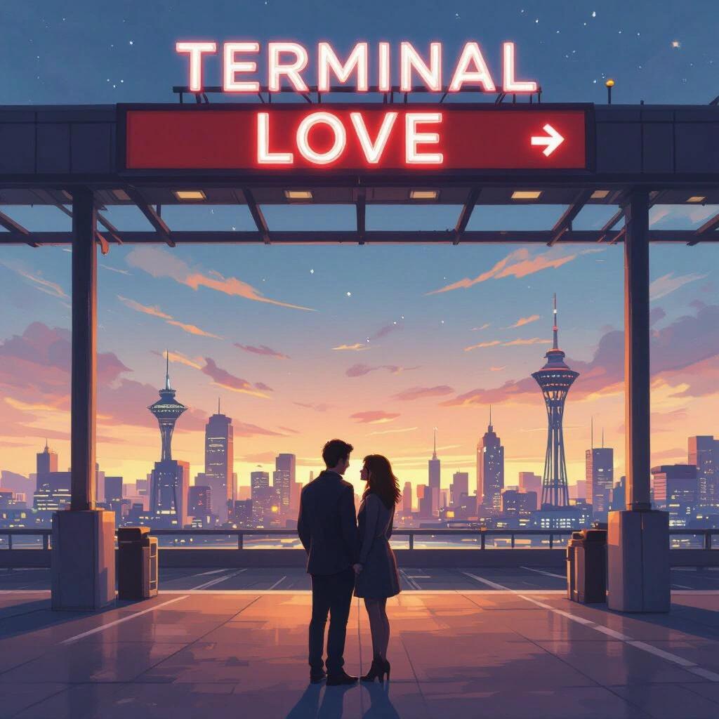 Illustration of a couple on a rooftop at sunset. Silhouette against a city skyline. Sign saying 'Terminal Love'.