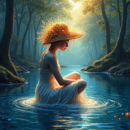 A beautiful forest landscape with vibrant colors and light. The style of A.Maranov and Ustyantseva. An otherworldly glow with stardust and sparkling lights. A surreal drawing in colored ink. A female figure sits gracefully on the water surface with an elegant crown like a sparkling hat.