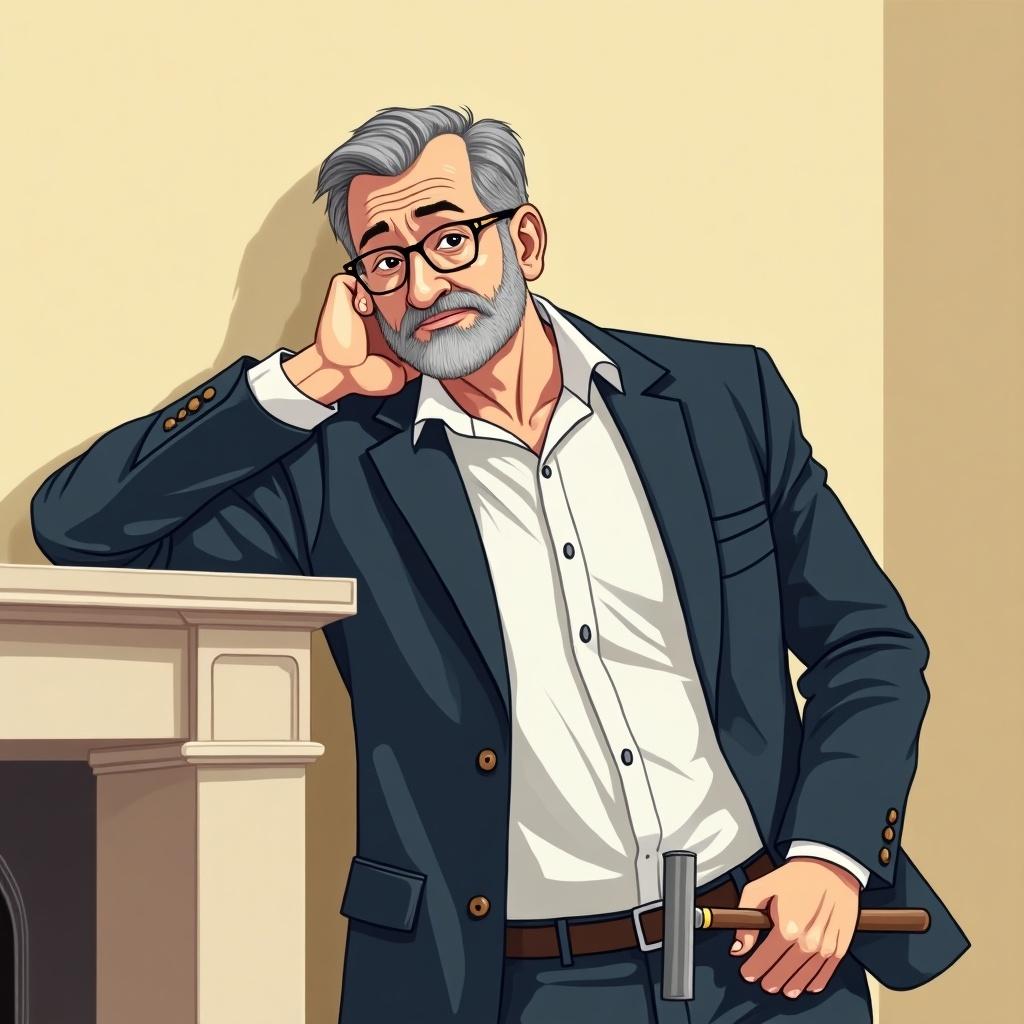 Cartoon character of a middle-aged man with short graying hair and a gray beard wearing glasses. He wears a white button-down shirt under a navy-blue blazer. The man leans on a light-beige fireplace looking sad while holding a hammer and sickle.