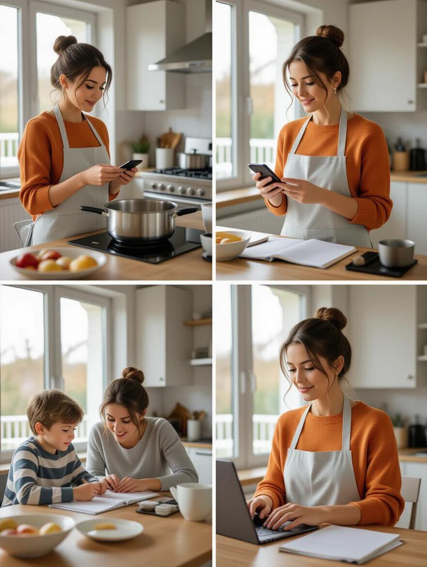 Mother multitasking in a busy kitchen. Cooking on the stove while checking phone and laptop. Assisting child with homework. Natural light from windows creates a warm atmosphere. Layered storytelling shows daily life.