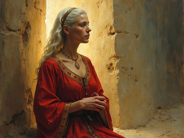 A woman with long white hair in a red dress sitting against a textured wall. She appears contemplative and tranquil. The scene is illuminated softly, enhancing the atmosphere.