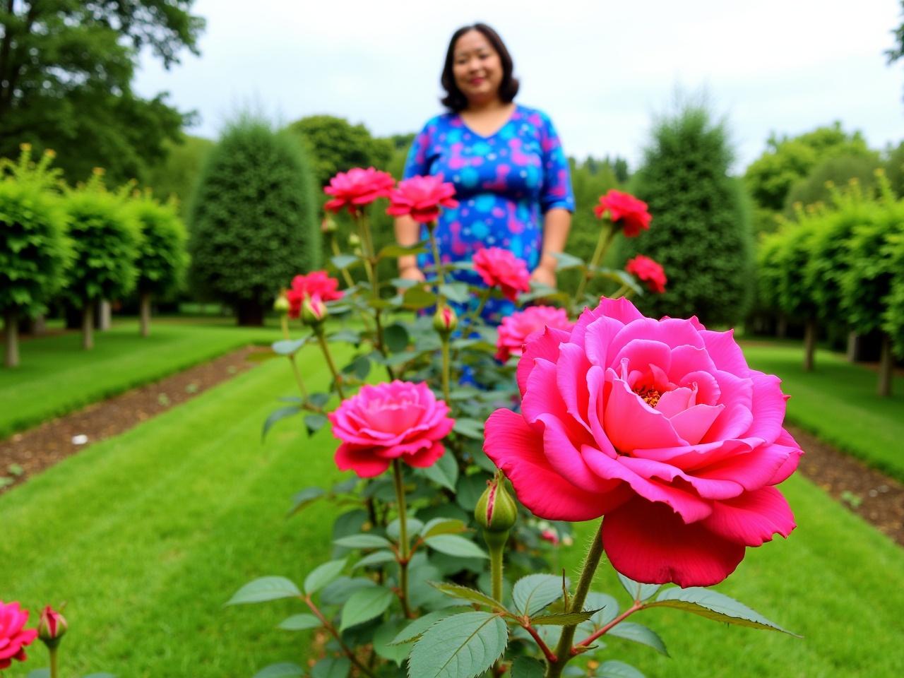 The image features a person standing in a garden filled with vibrant pink roses. The person is wearing a colorful blue top with a unique pattern, and they are positioned behind the roses, which are prominently displayed in the foreground. The garden has lush green grass and is bordered by greenery, creating a serene atmosphere. There are trees and shrubs in the background, contributing to the garden's natural beauty. The sky appears slightly overcast, adding a calm, subdued light to the scene.