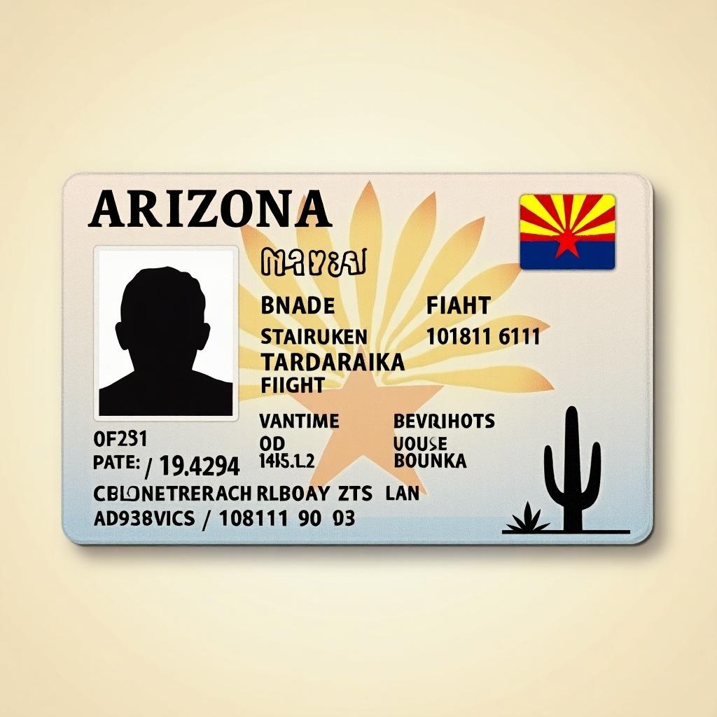 Arizona State Identification card features detailed elements of ID layout. Includes state symbols, personal identification information, and design elements typical of state IDs.