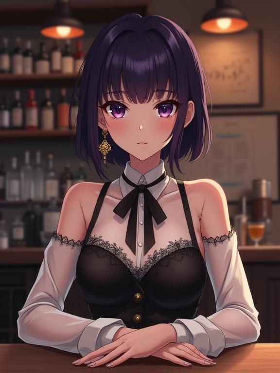 A captivating Japanese anime lady with dark violet bob hair sitting at a polished wooden bar. She has sharp facial features and calm intelligent expression. The elegant outfit has off-shoulder long sleeves and a dark vest with lace detailing. A black ribbon adorns the neckline. The setting is dimly lit and cozy, suitable for relaxation and conversation.